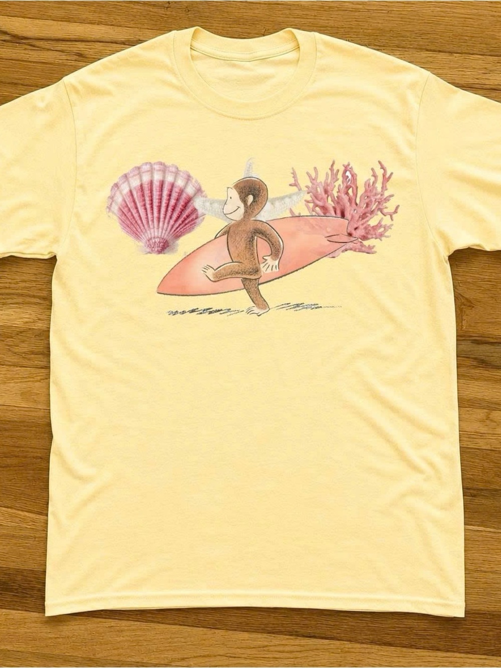 Gildan Yellow Curious George Surf Tee with Pink Shell and Coral Art